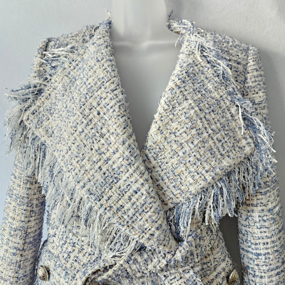 Balmain Tweed Jacket Womens M Blue Fringed Sequin Glam Designer Belt Luxury Boho - Picture 11 of 16